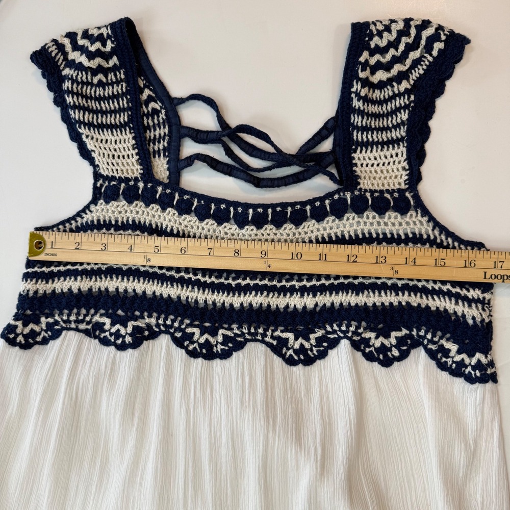 Calypso‎ St Barth Crochet Gauze Tank Top M Lace Up Back White Navy Boho Coastal - Picture 9 of 10